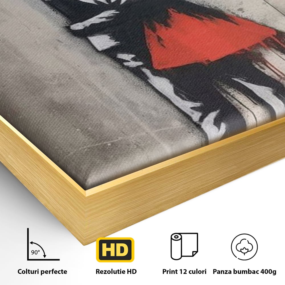 Detaliu al suprafetei: tablou canvas cu doi indragostiti imbratisati, in rama de aluminiu auriu